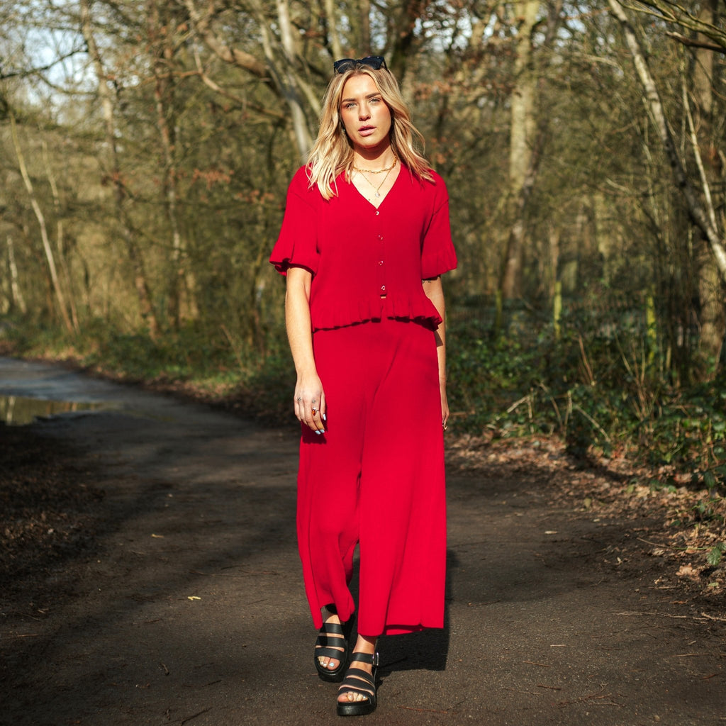 Martha Wide Leg Knitted Trousers - Red - Cara & The Sky