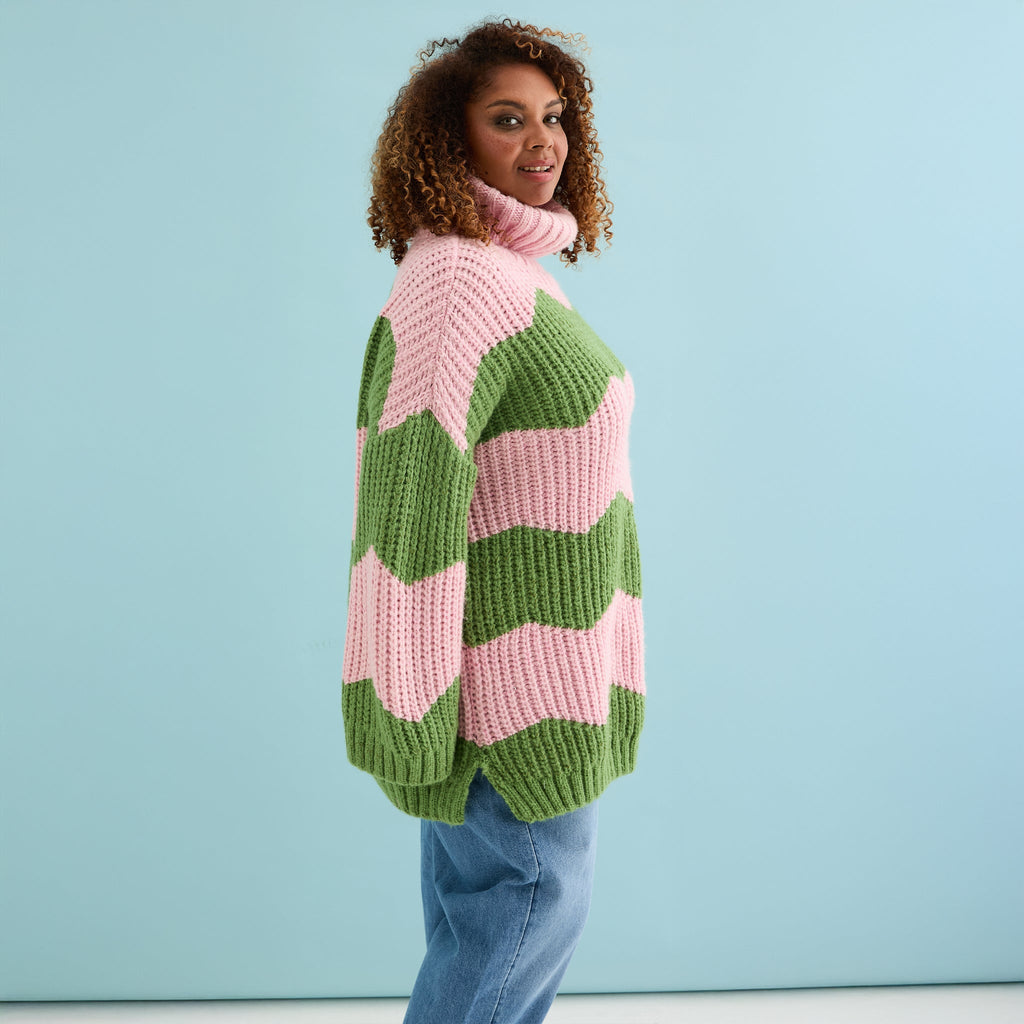 Nelly Chevron Roll Neck Knitted Jumper Dress - Pink - Cara & The Sky