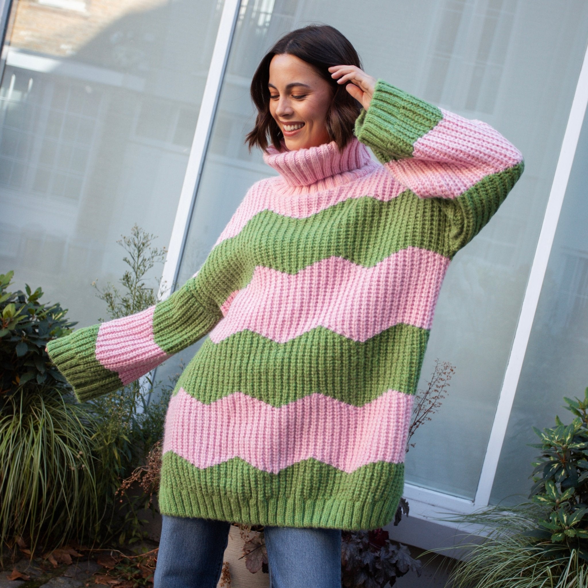 Nelly Pink Chevron Roll Neck Knitted Mini Dress | Cara & The Sky Nelly Pink Chevron Roll Neck Knitted Mini Dress | Cara & The Sky