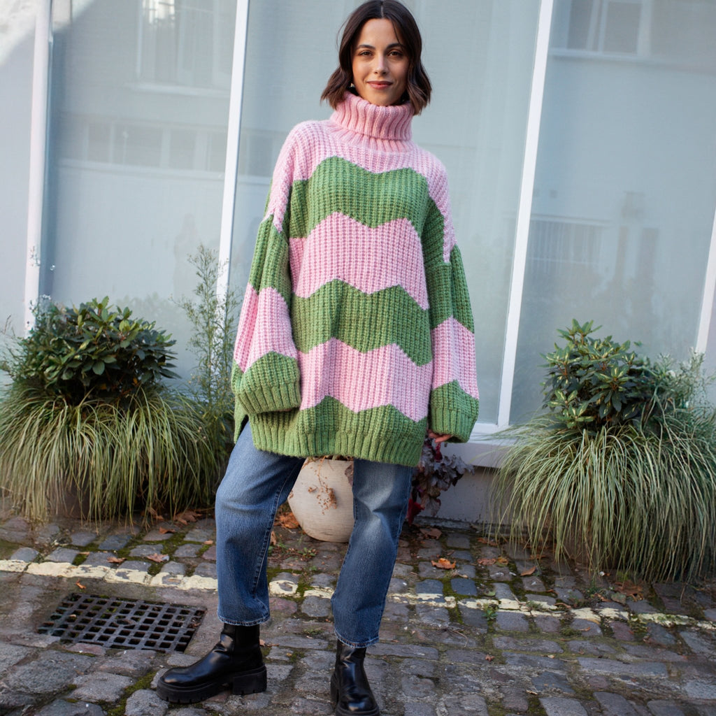 Nelly Chevron Roll Neck Knitted Jumper Dress - Pink - Cara & The Sky