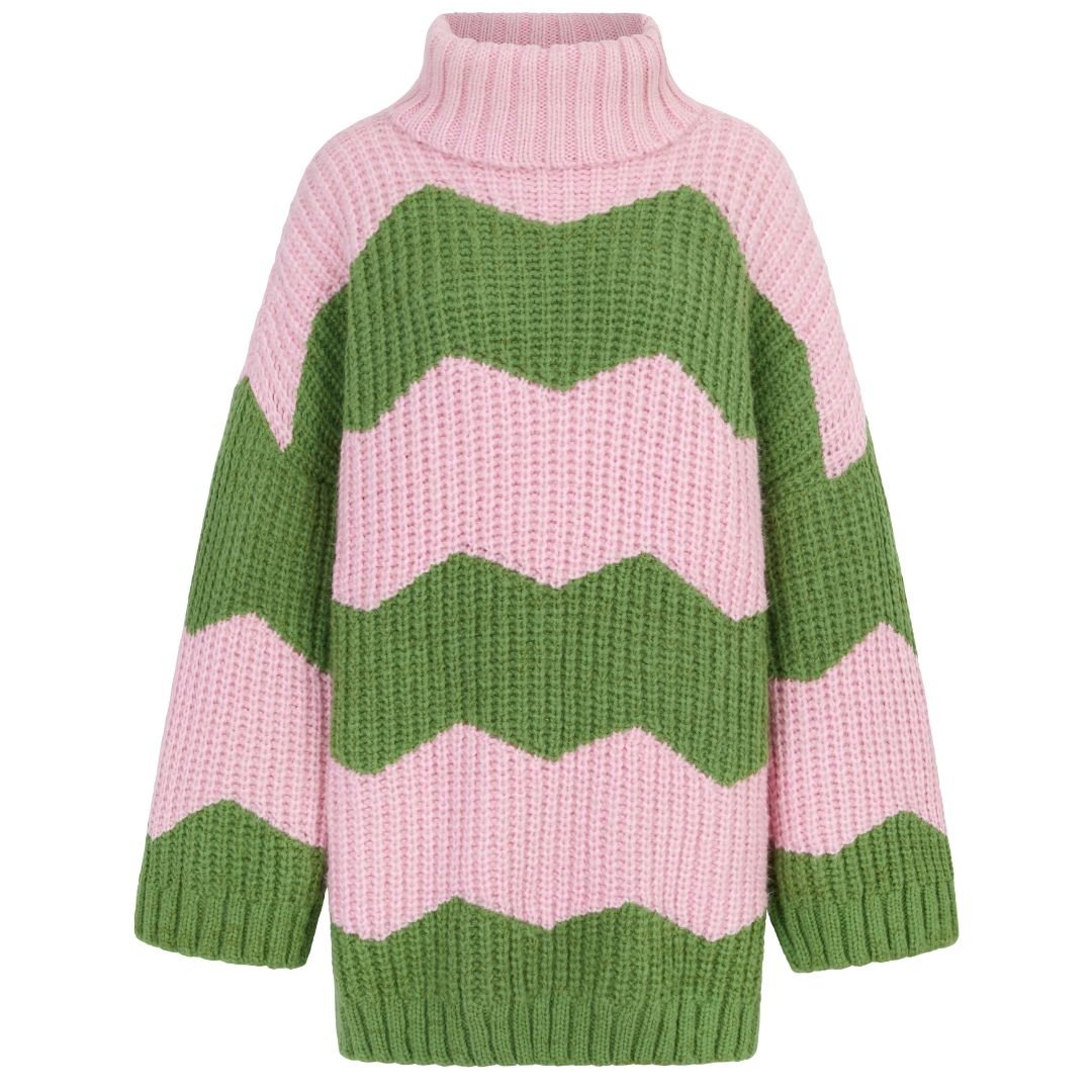 Nelly Pink Chevron Roll Neck Knitted Mini Dress | Cara & The Sky Nelly Pink Chevron Roll Neck Knitted Mini Dress | Cara & The Sky
