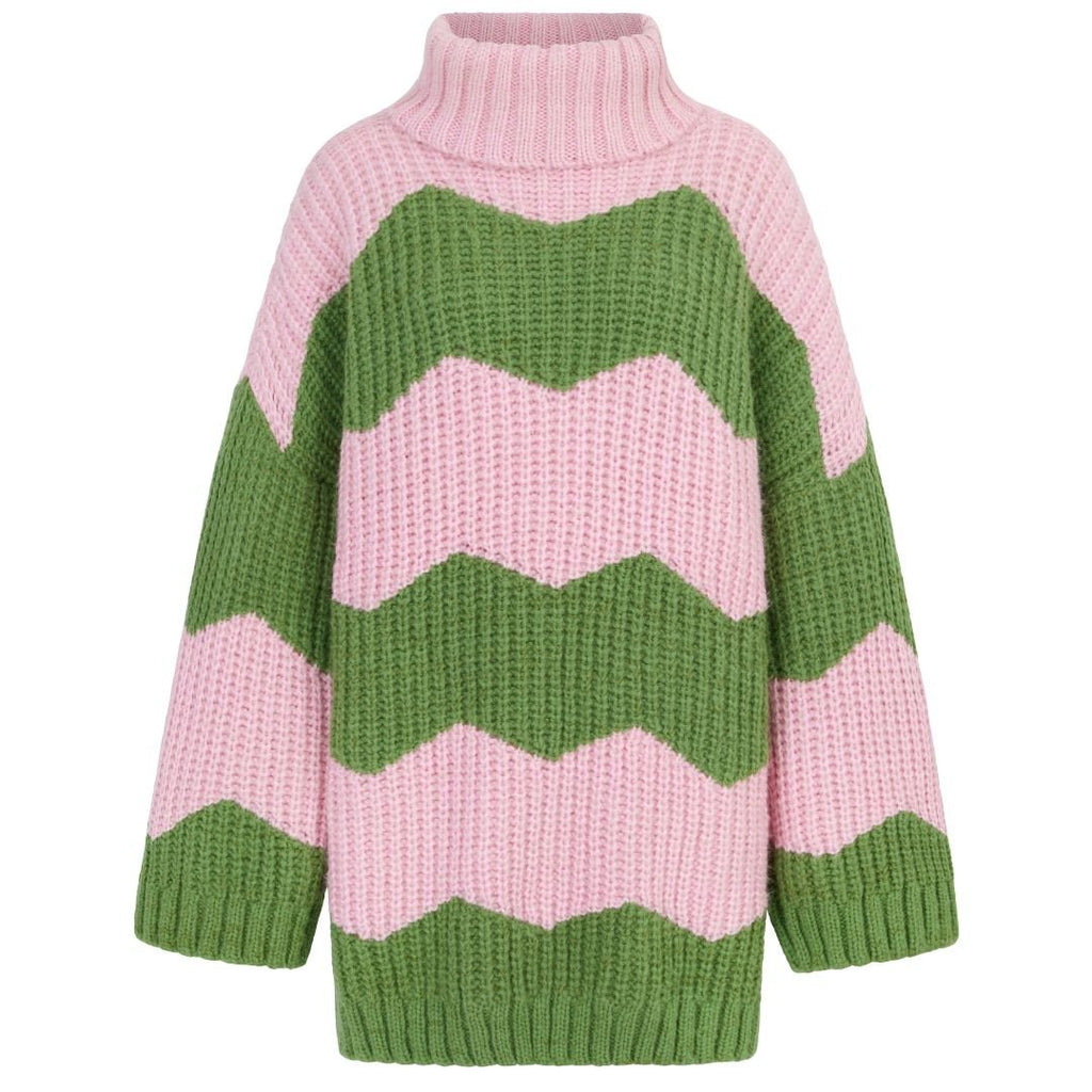 Nelly Chevron Roll Neck Knitted Mini Dress - Pink - Cara & The Sky