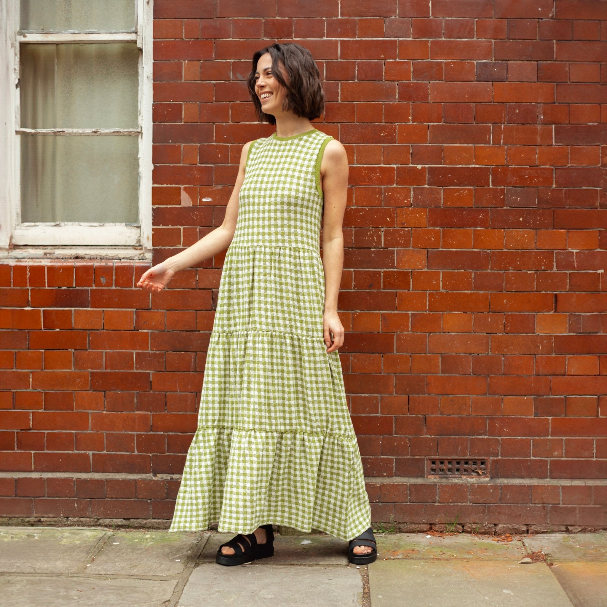 Paula Gingham Cotton Knitted Maxi Dress - Green