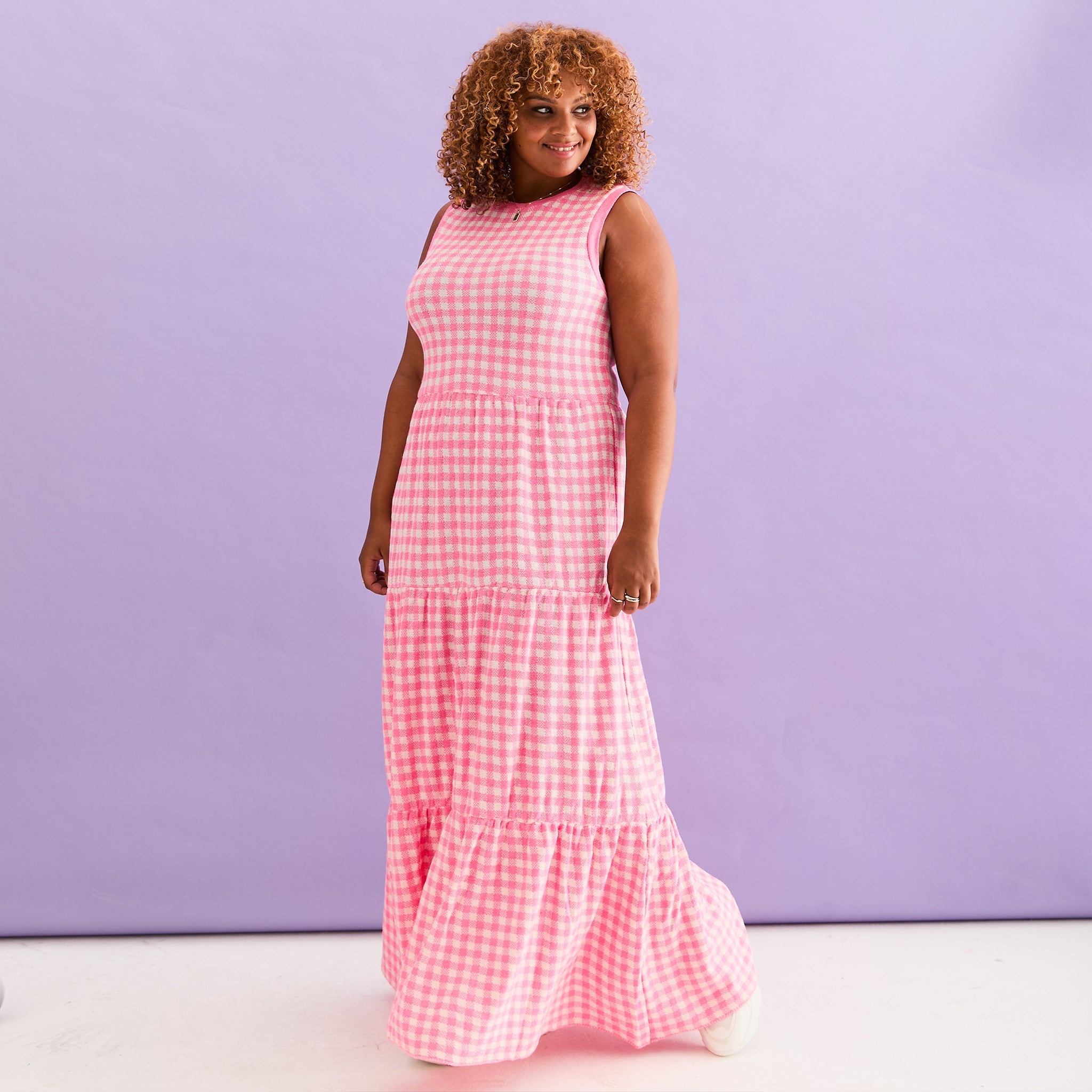 Paula Gingham Cotton Knitted Maxi Dress Hot Pink