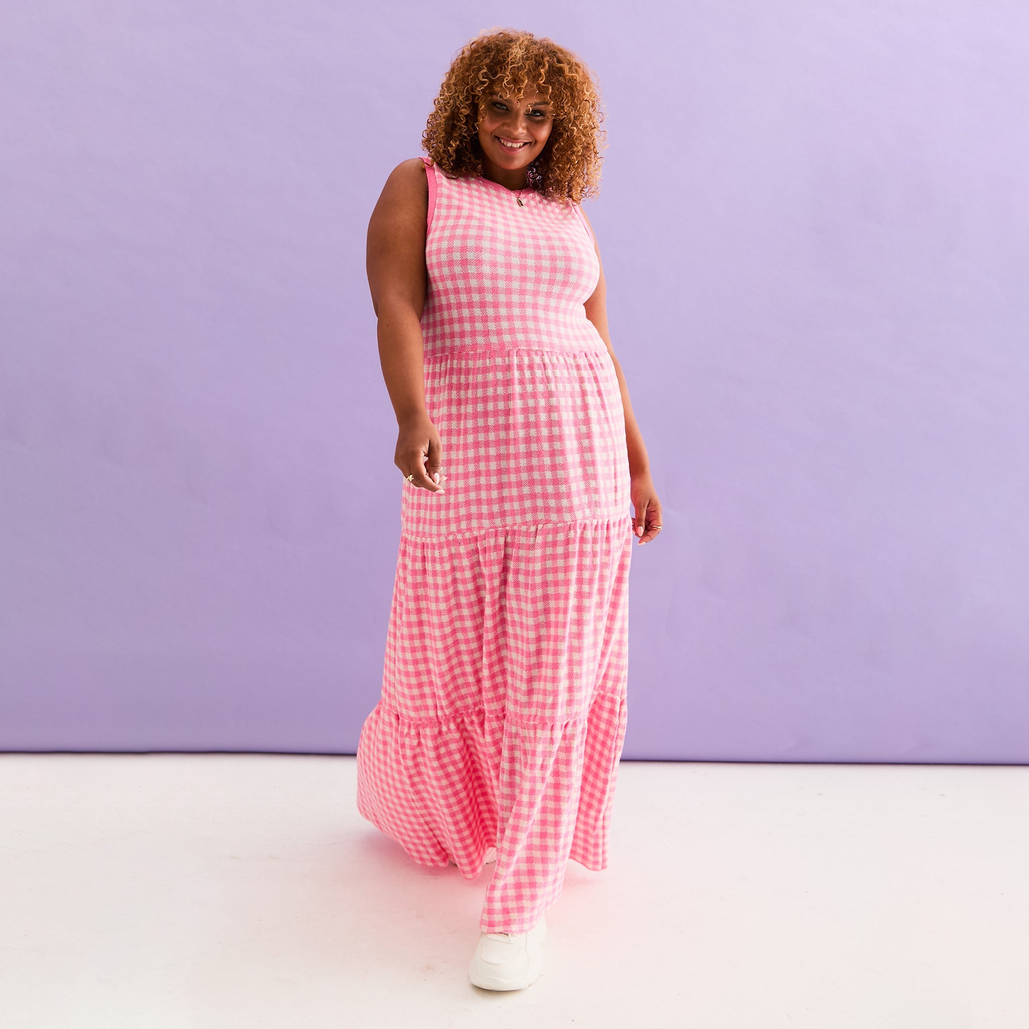 Paula Gingham Cotton Knitted Maxi Dress - Hot Pink Paula Gingham Cotton Knitted Maxi Dress - Hot Pink