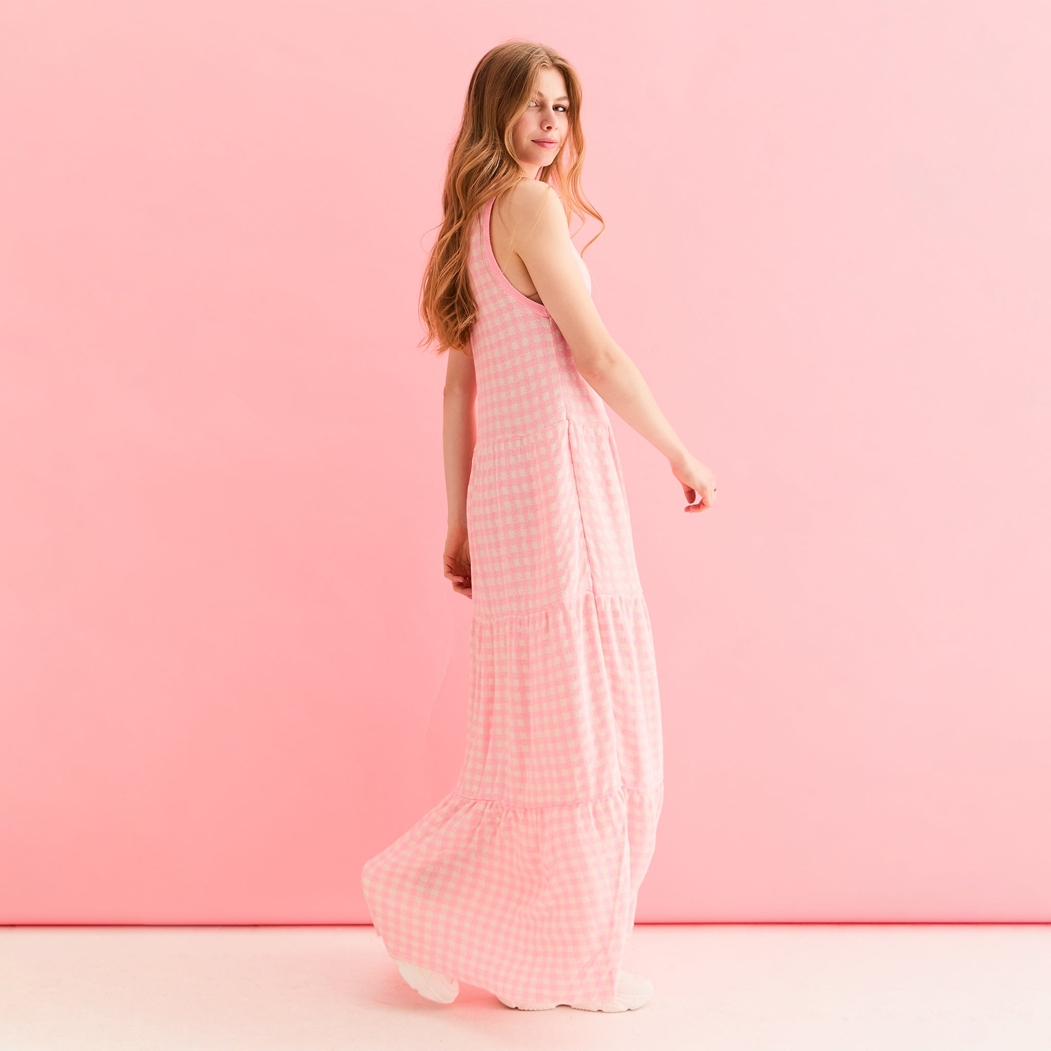 light pink gingham dress Women's Baby Pink Gingham Square Neck Maxi Dress
