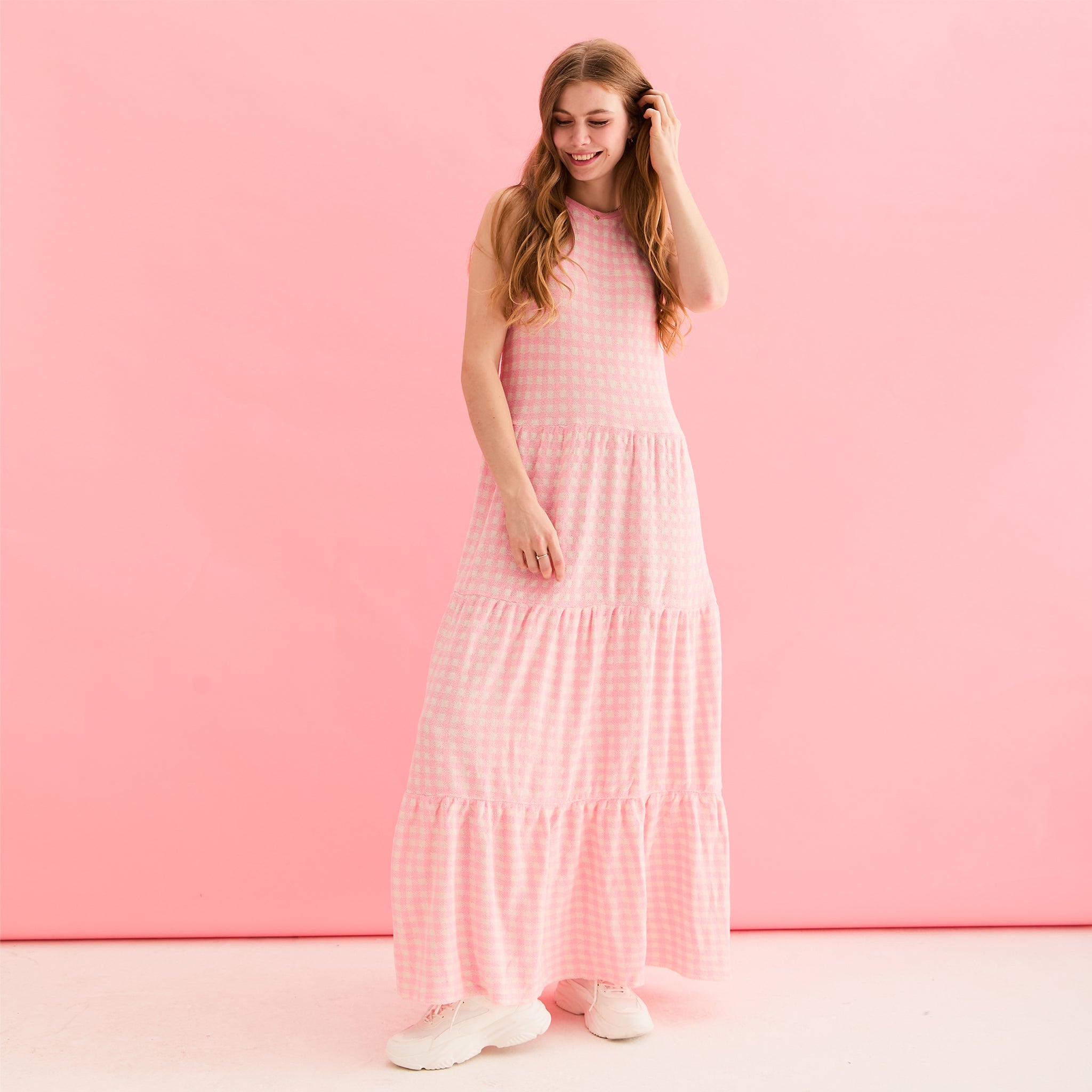 Paula Gingham Cotton Knitted Maxi Dress Light