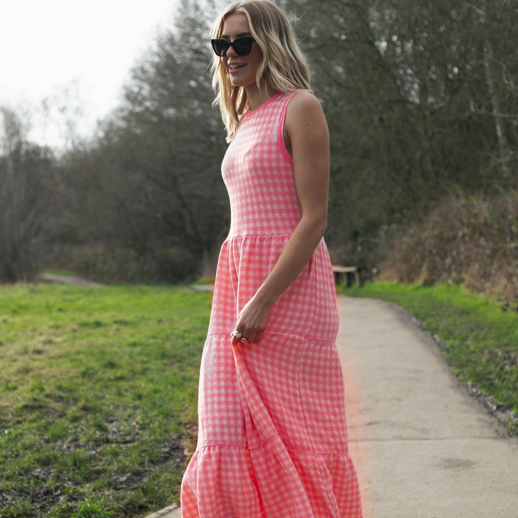 Paula Gingham Cotton Knitted Midi Dress - Hot Pink - Cara & The Sky