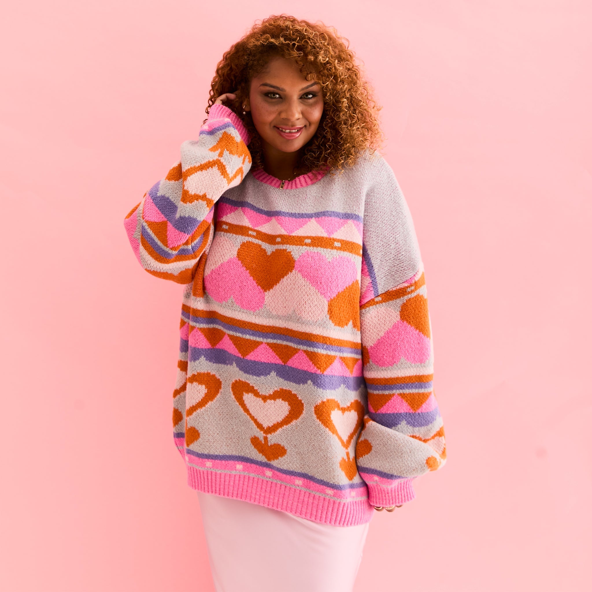 Poppy Heart Intarsia Balloon Sleeve Oversized Jumper