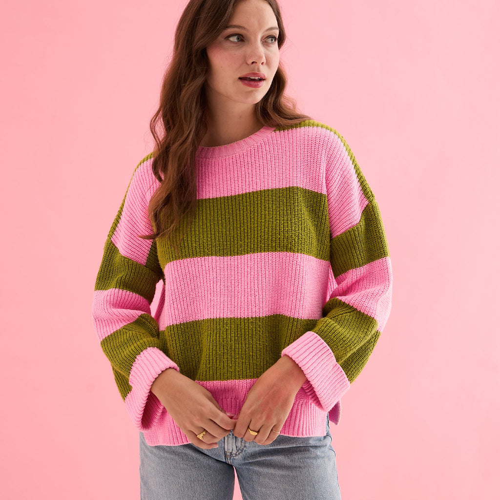 *PRE - ORDER* Rhiannon Recycled Cotton Mix Stripe Jumper - Pink and Green - Cara & The Sky