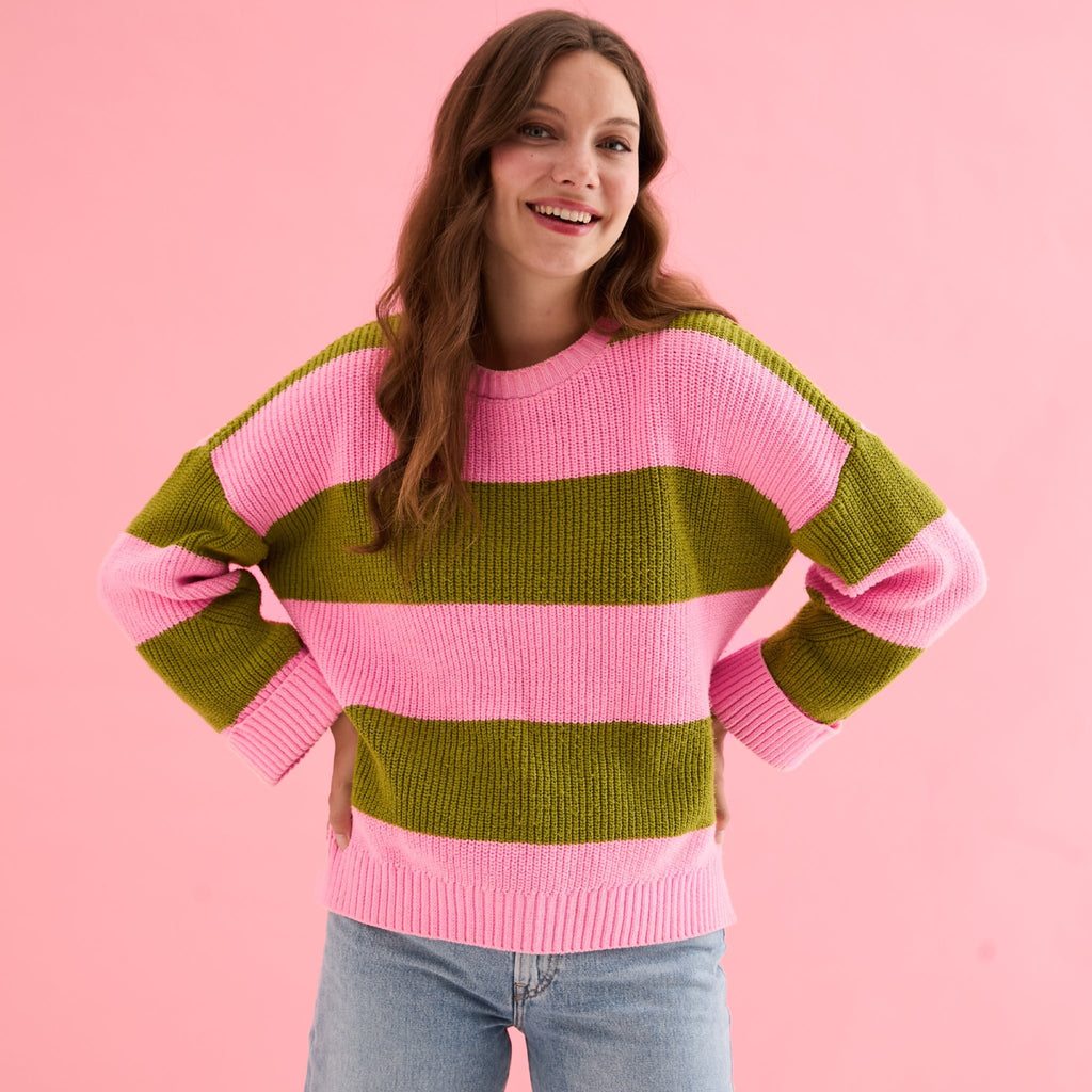 *PRE - ORDER* Rhiannon Recycled Cotton Mix Stripe Jumper - Pink and Green - Cara & The Sky