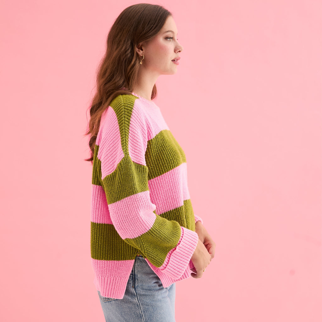 *PRE - ORDER* Rhiannon Recycled Cotton Mix Stripe Jumper - Pink and Green - Cara & The Sky