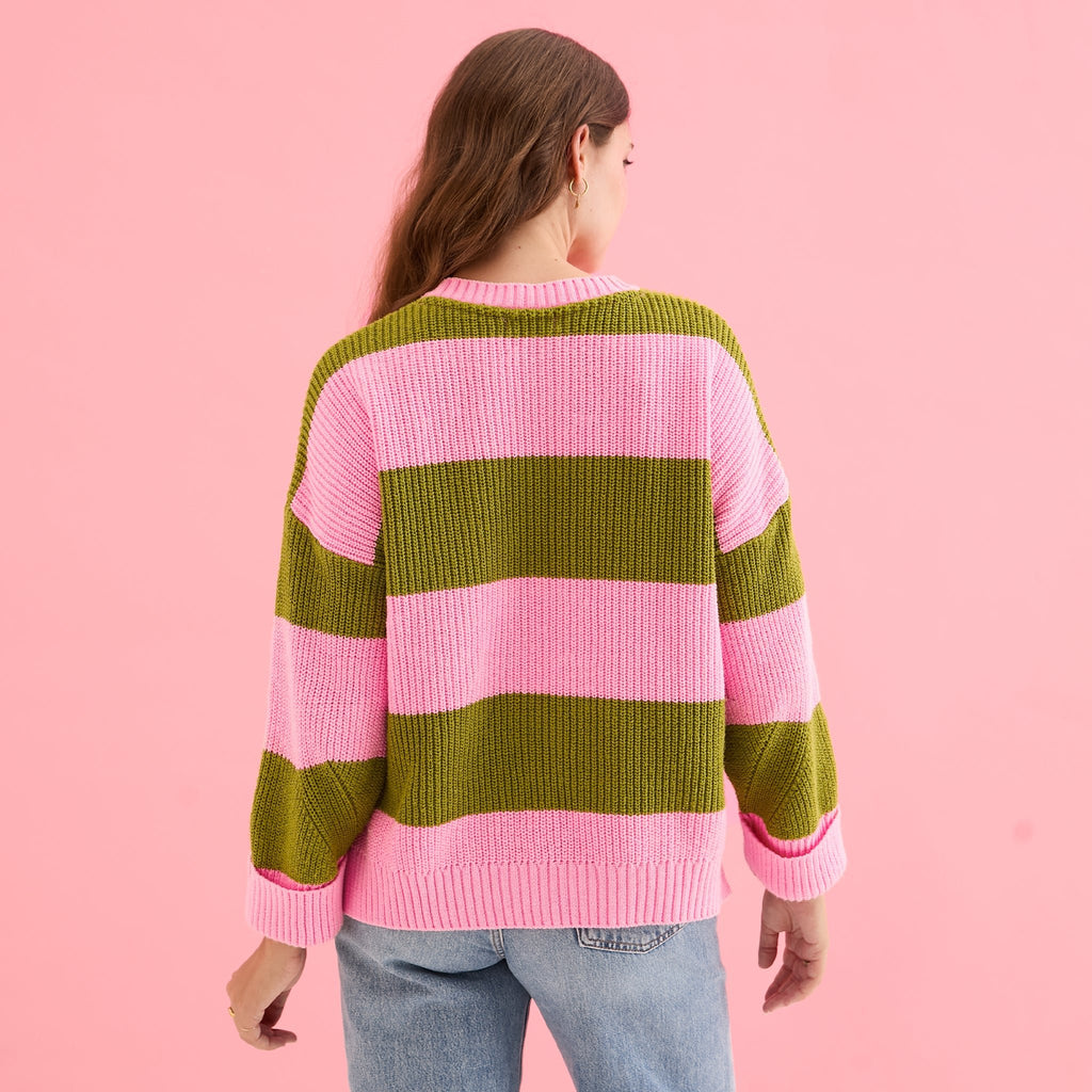 *PRE - ORDER* Rhiannon Recycled Cotton Mix Stripe Jumper - Pink and Green - Cara & The Sky