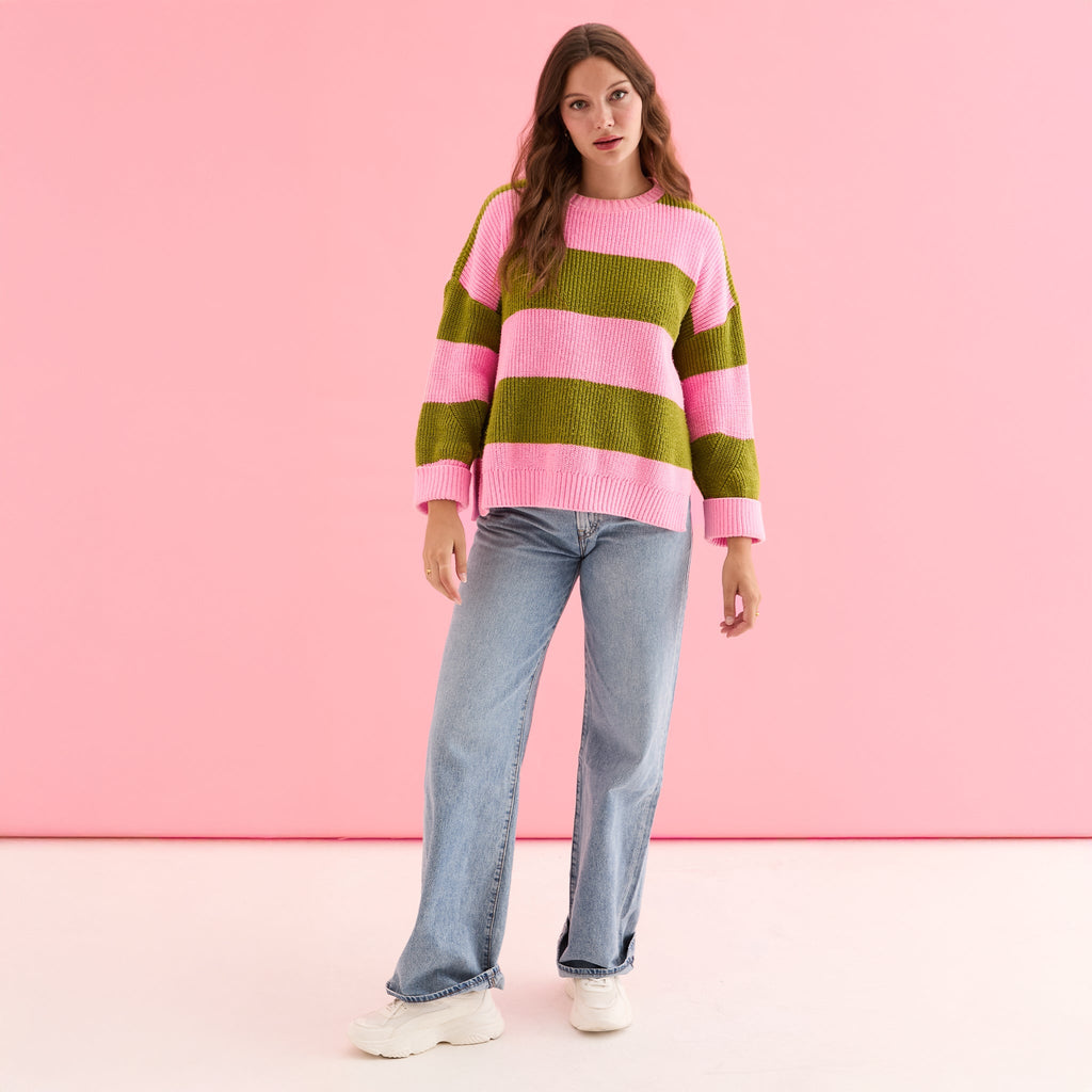 *PRE - ORDER* Rhiannon Recycled Cotton Mix Stripe Jumper - Pink and Green - Cara & The Sky