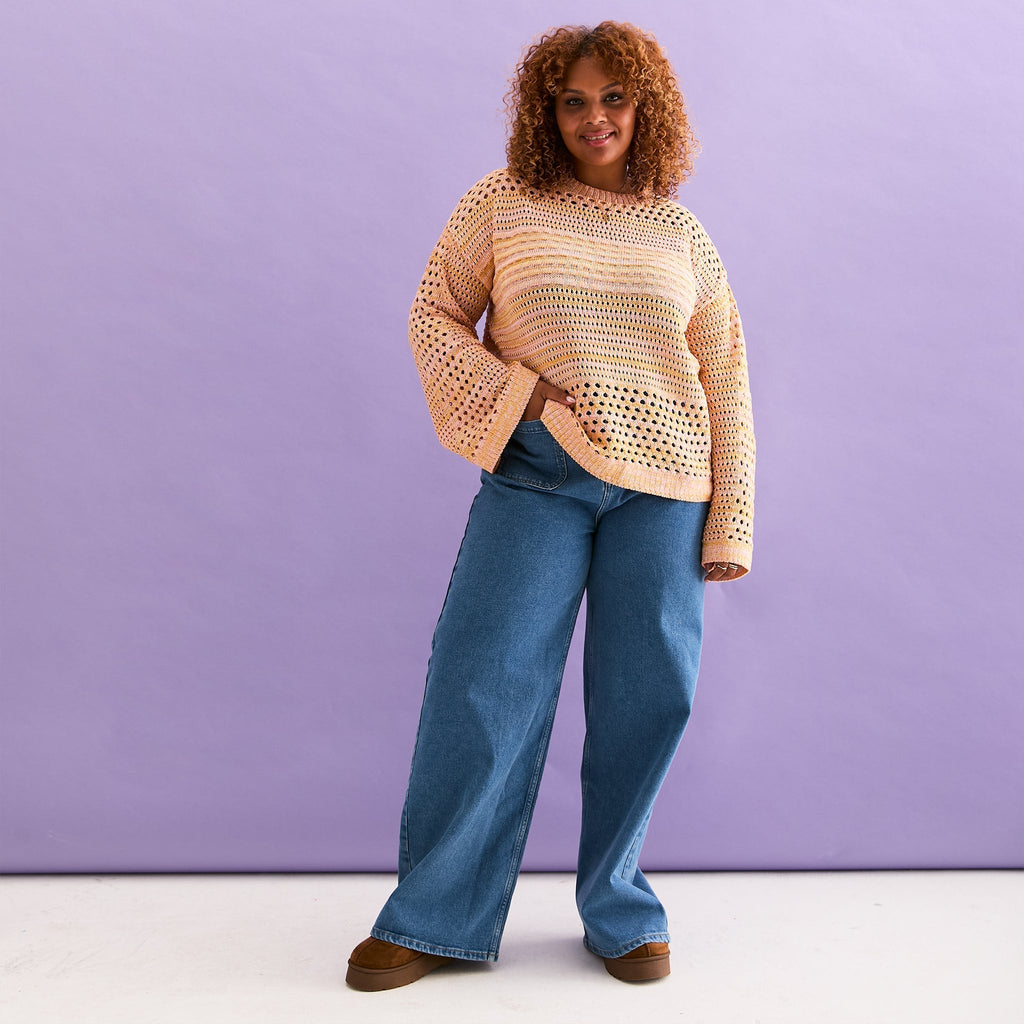 RESALE | Gala Recycled Cotton Mix Pointelle Wide Sleeve Jumper - Orange - Cara & The Sky
