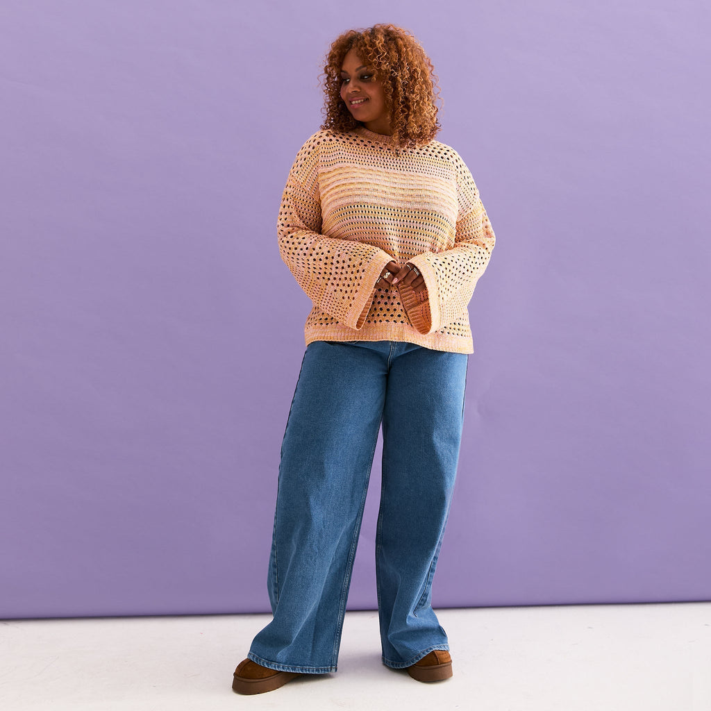 RESALE | Gala Recycled Cotton Mix Pointelle Wide Sleeve Jumper - Orange - Cara & The Sky