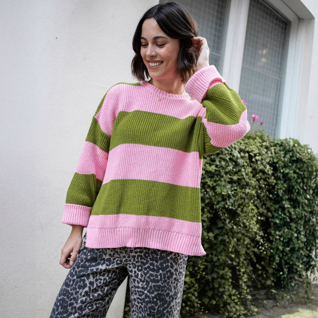 Rhiannon Recycled Cotton Blend Stripe Jumper - Pink and Green - Cara & The Sky