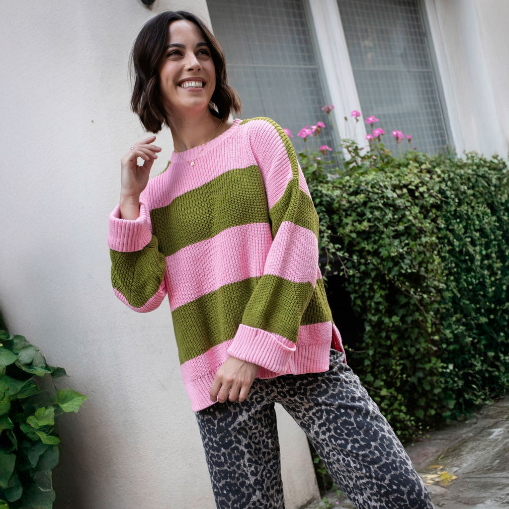 Rhiannon Recycled Cotton Blend Stripe Jumper - Pink and Green - Cara & The Sky