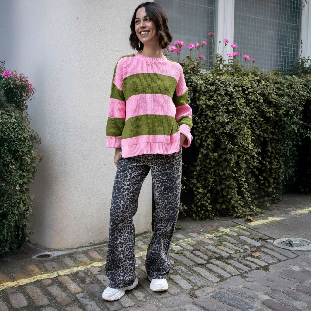 Rhiannon Recycled Cotton Blend Stripe Jumper - Pink and Green - Cara & The Sky