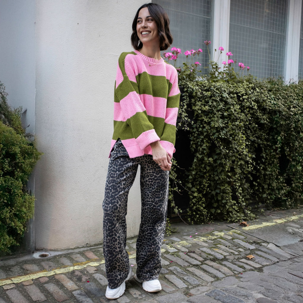Rhiannon Recycled Cotton Blend Stripe Jumper - Pink and Green - Cara & The Sky