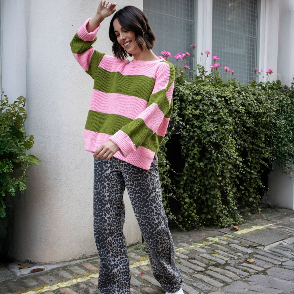 Rhiannon Recycled Cotton Blend Stripe Jumper - Pink and Green - Cara & The Sky