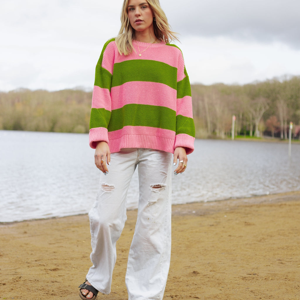 Rhiannon Recycled Cotton Mix Chunky Stripe Jumper - Pink and Green - Cara & The Sky
