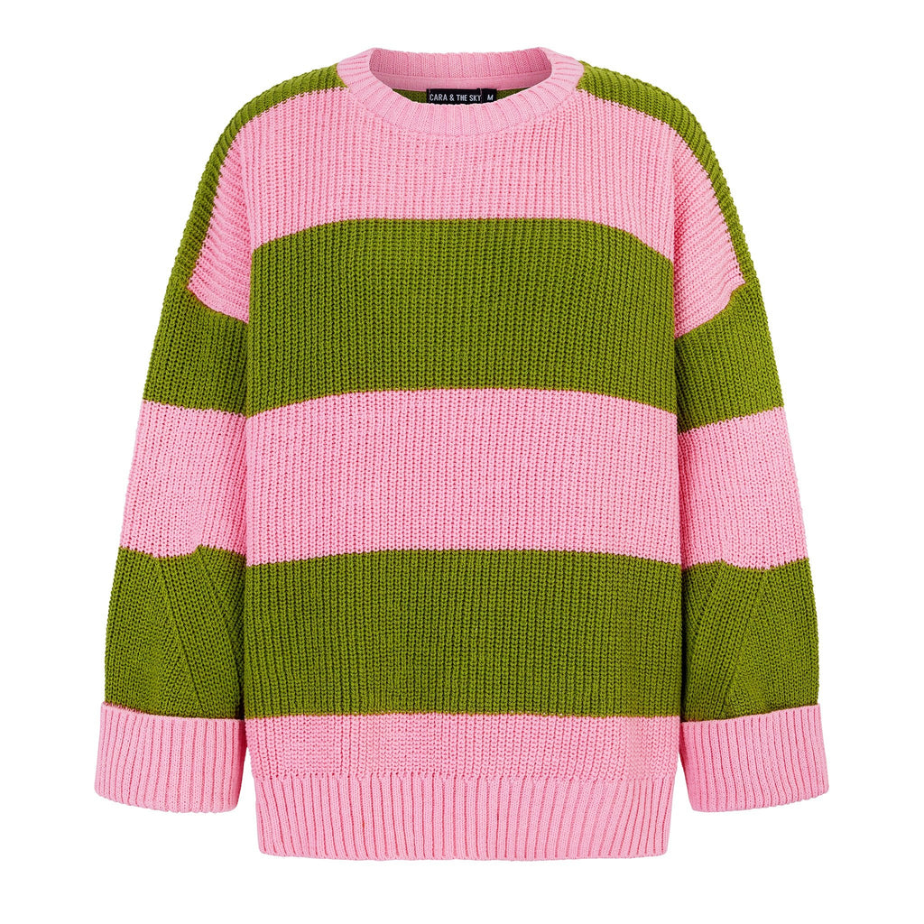 Rhiannon Recycled Cotton Mix Chunky Stripe Jumper - Pink and Green - Cara & The Sky