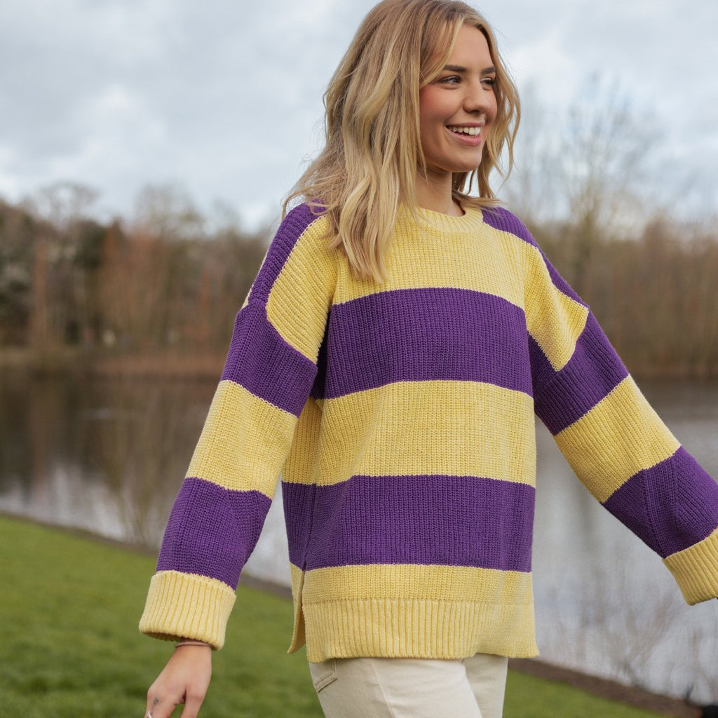 Rhiannon Recycled Cotton Mix Chunky Stripe Jumper - Purple and Yellow - Cara & The Sky