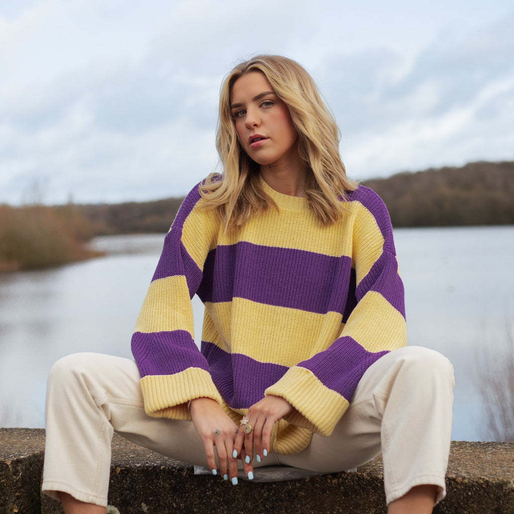 Rhiannon Recycled Cotton Mix Chunky Stripe Jumper - Purple and Yellow - Cara & The Sky