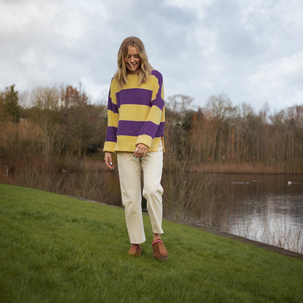 Rhiannon Recycled Cotton Mix Chunky Stripe Jumper - Purple and Yellow - Cara & The Sky