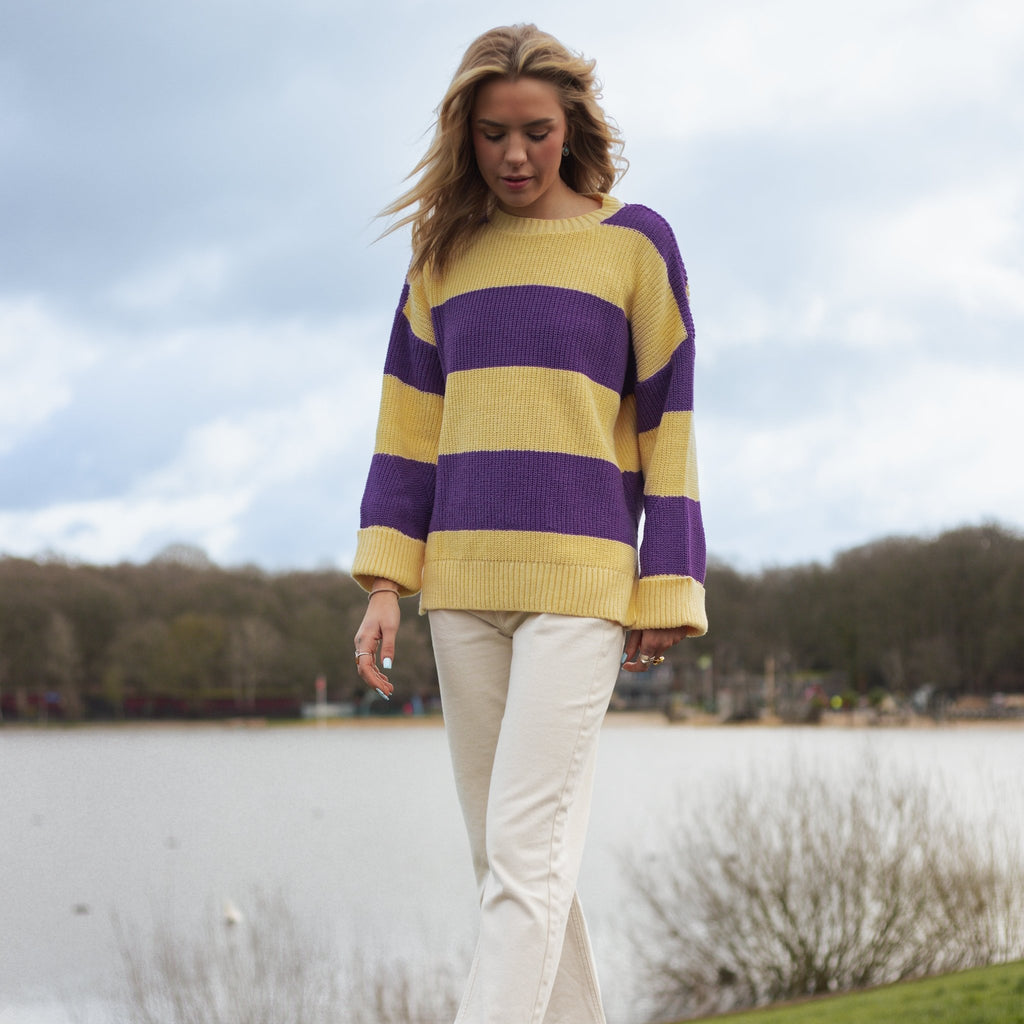 Rhiannon Recycled Cotton Mix Chunky Stripe Jumper - Purple and Yellow - Cara & The Sky