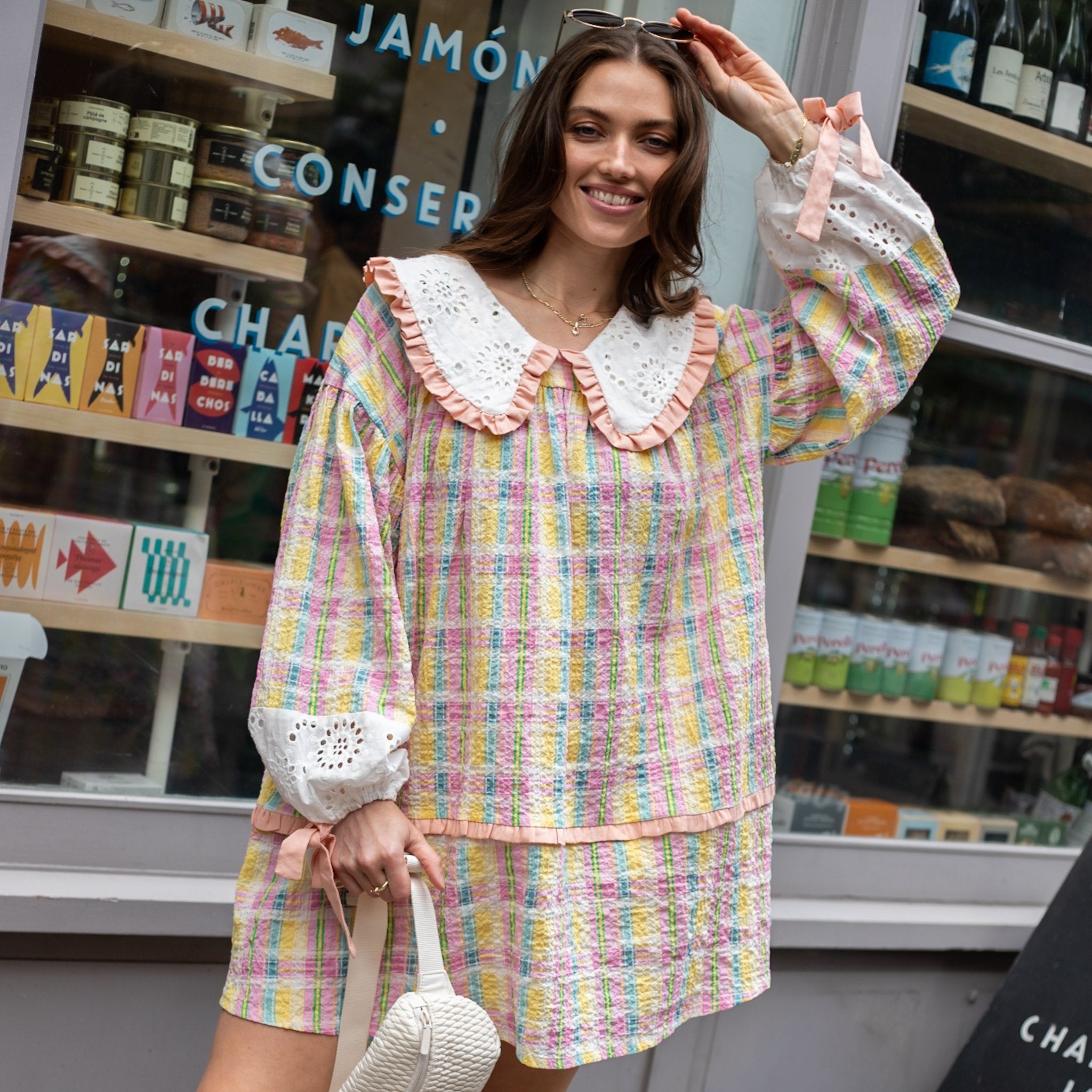 Ruby Check Collared Balloon Sleeve Mini Dress