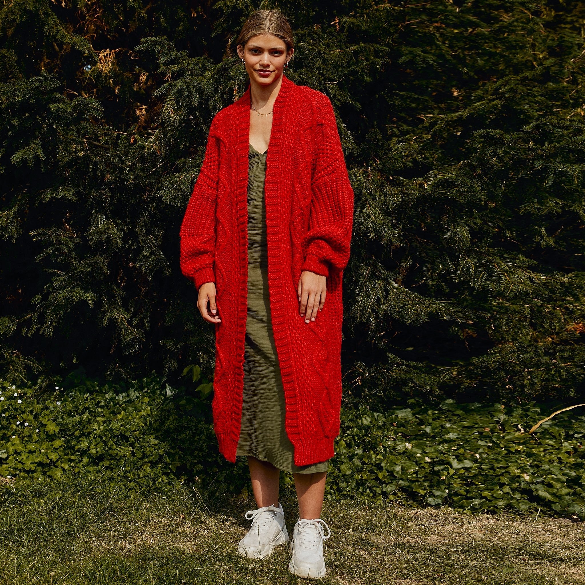 RESALE Stevie Cable Balloon Sleeve Maxi Cardigan Burnt