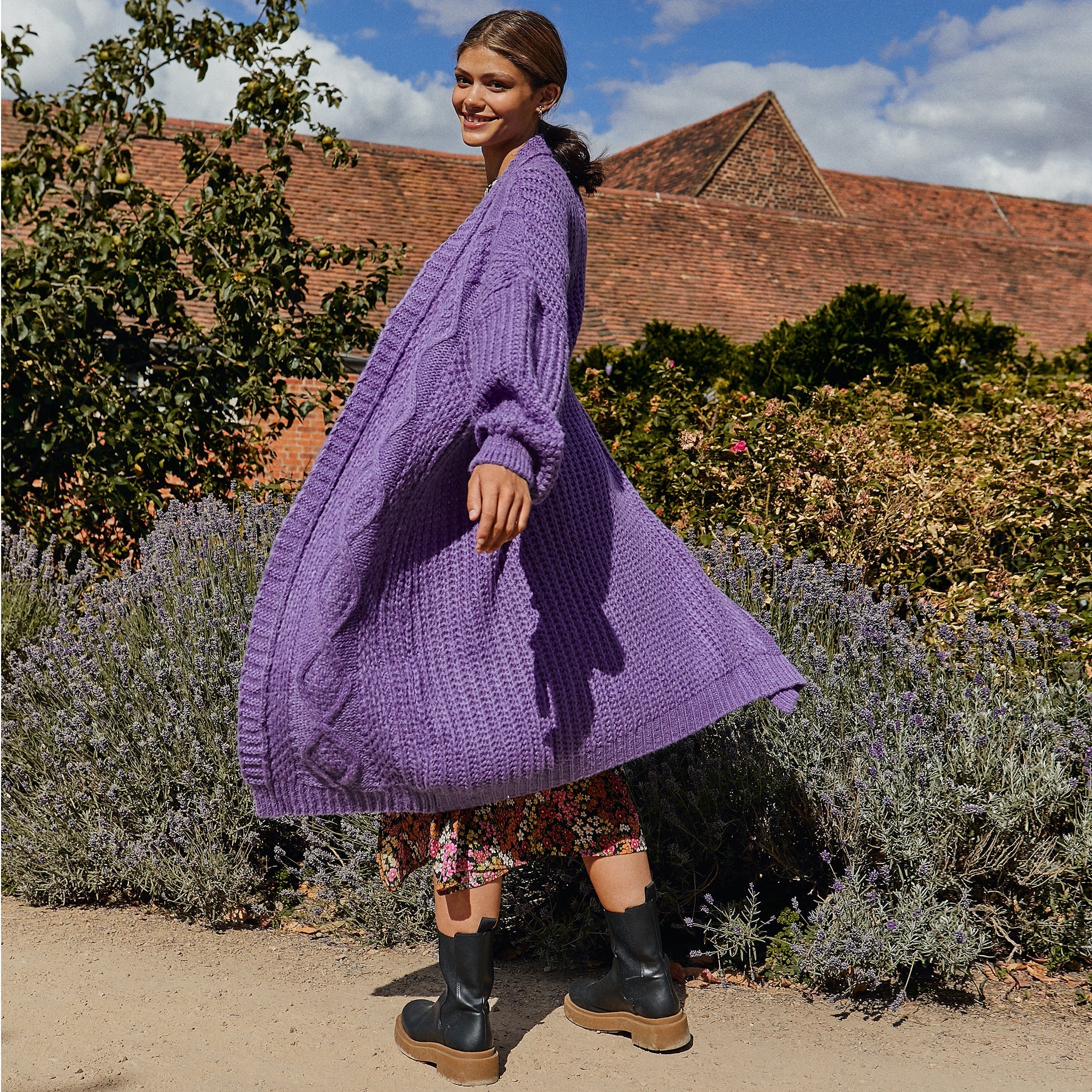 RESALE Stevie Cable Balloon Sleeve Maxi Cardigan Purple – Cara