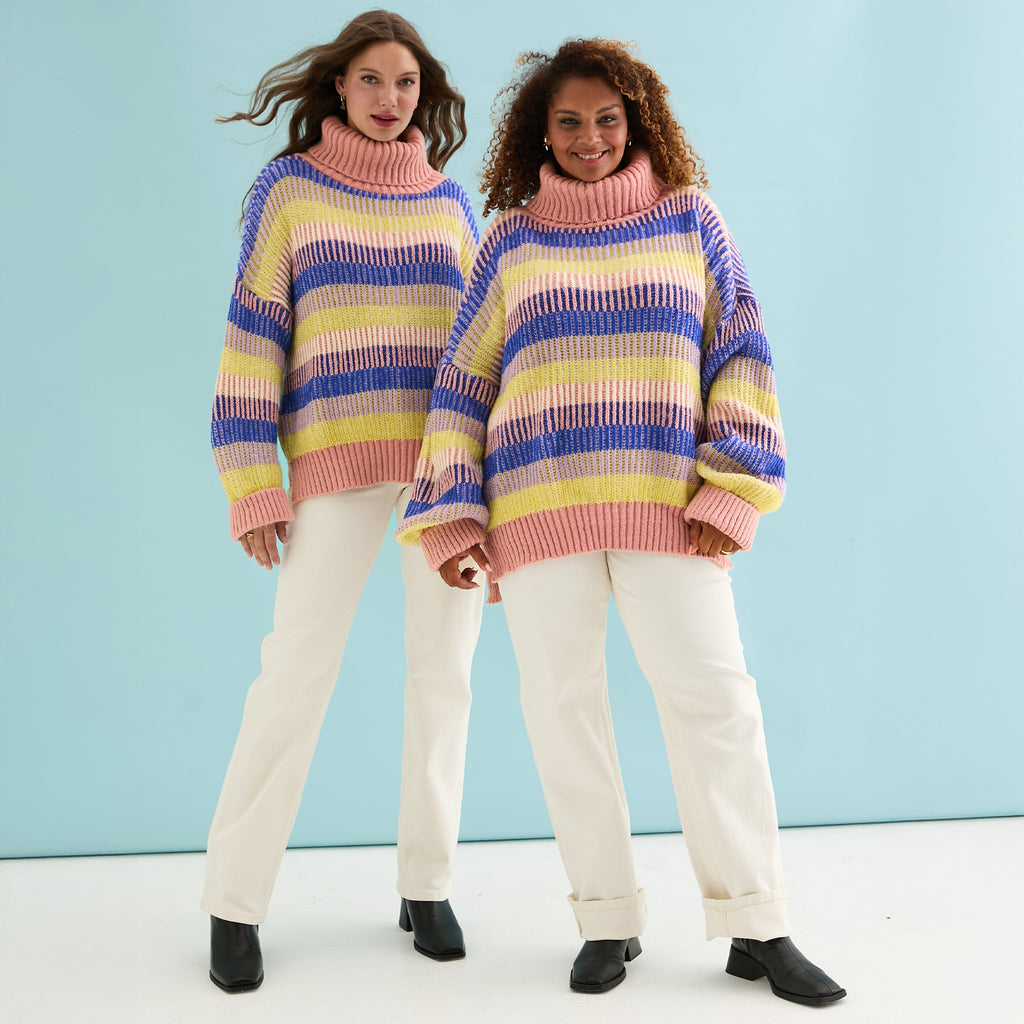 Tasha Oversized Balloon Sleeve Stripe Roll Neck Jumper - Pink - Cara & The Sky