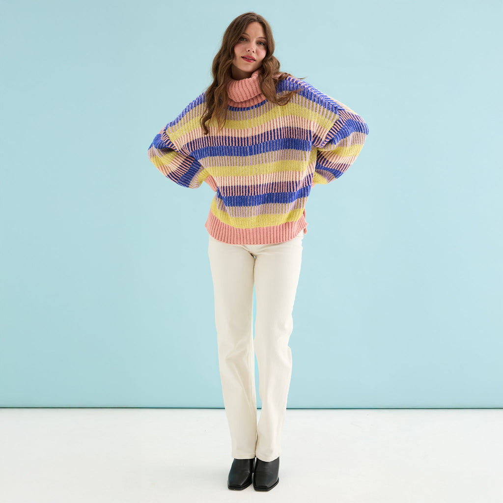 Tasha Oversized Balloon Sleeve Stripe Roll Neck Jumper - Pink - Cara & The Sky