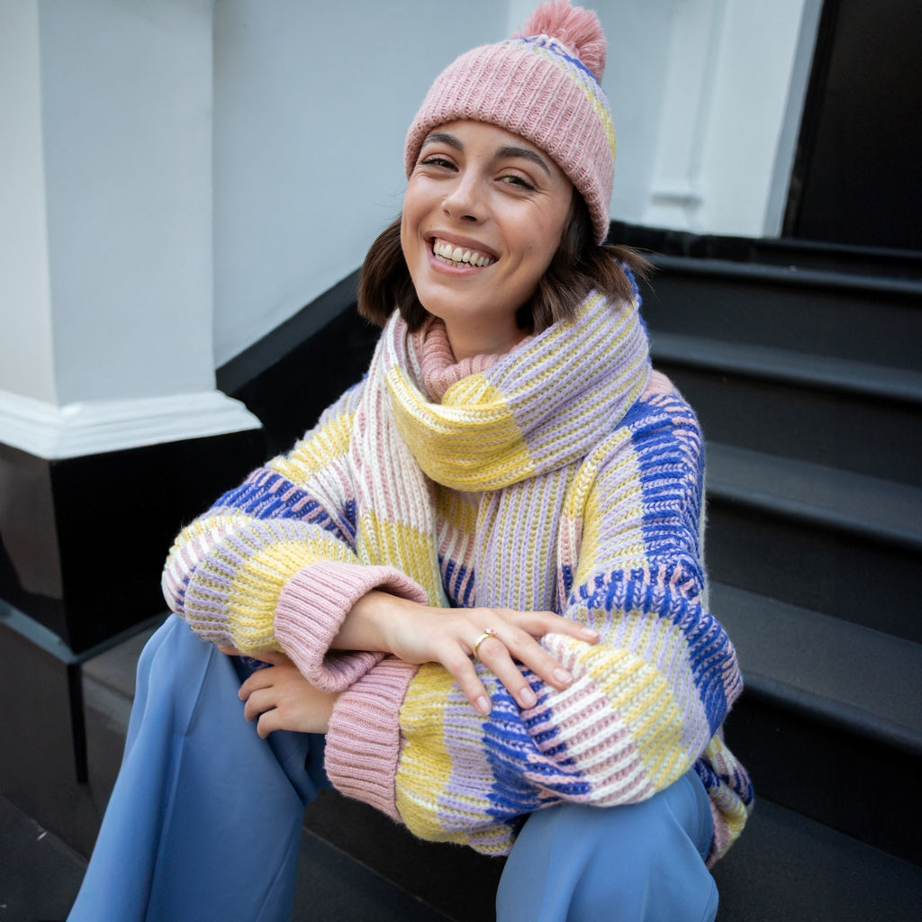 Tasha Oversized Balloon Sleeve Stripe Roll Neck Jumper - Pink - Cara & The Sky