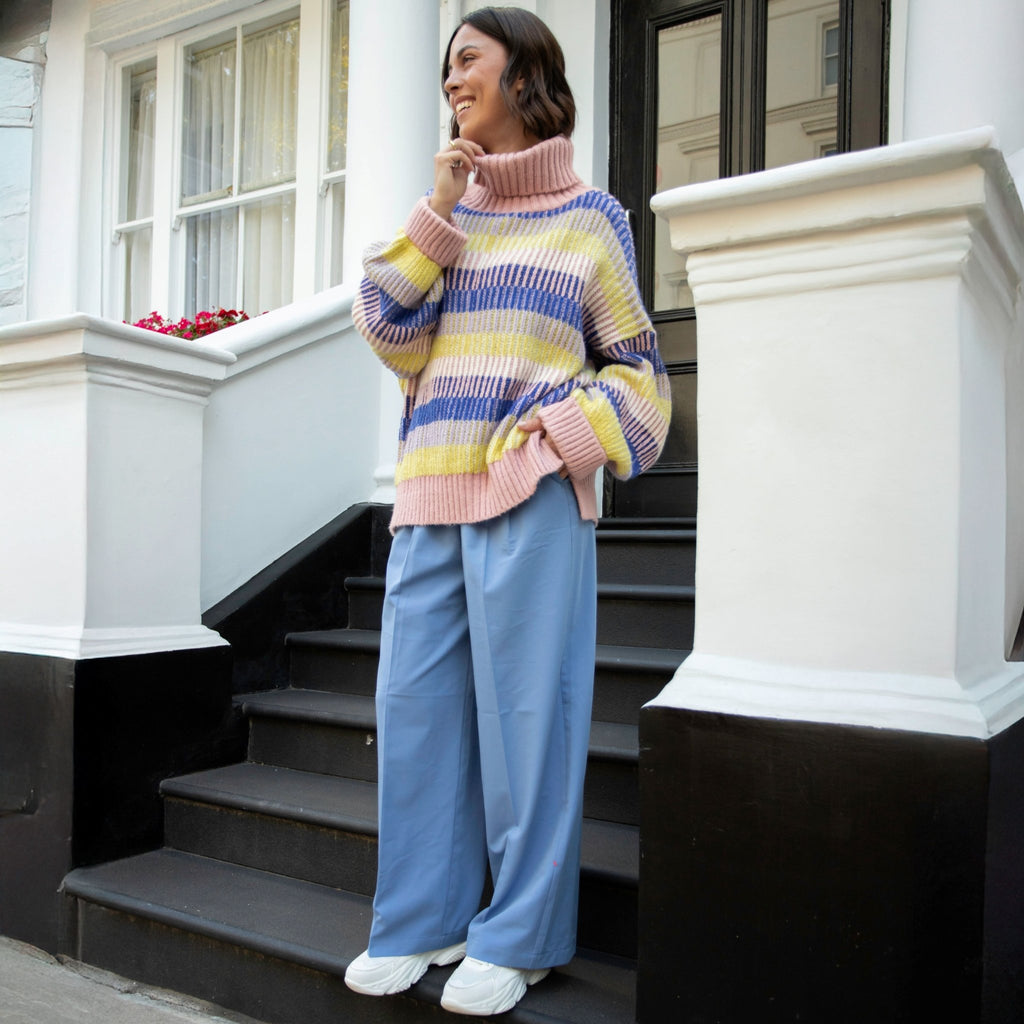 Tasha Oversized Balloon Sleeve Stripe Roll Neck Jumper - Pink - Cara & The Sky