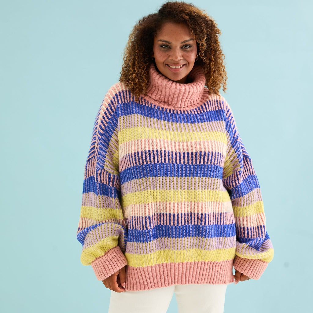 Tasha Oversized Balloon Sleeve Stripe Roll Neck Jumper - Pink - Cara & The Sky