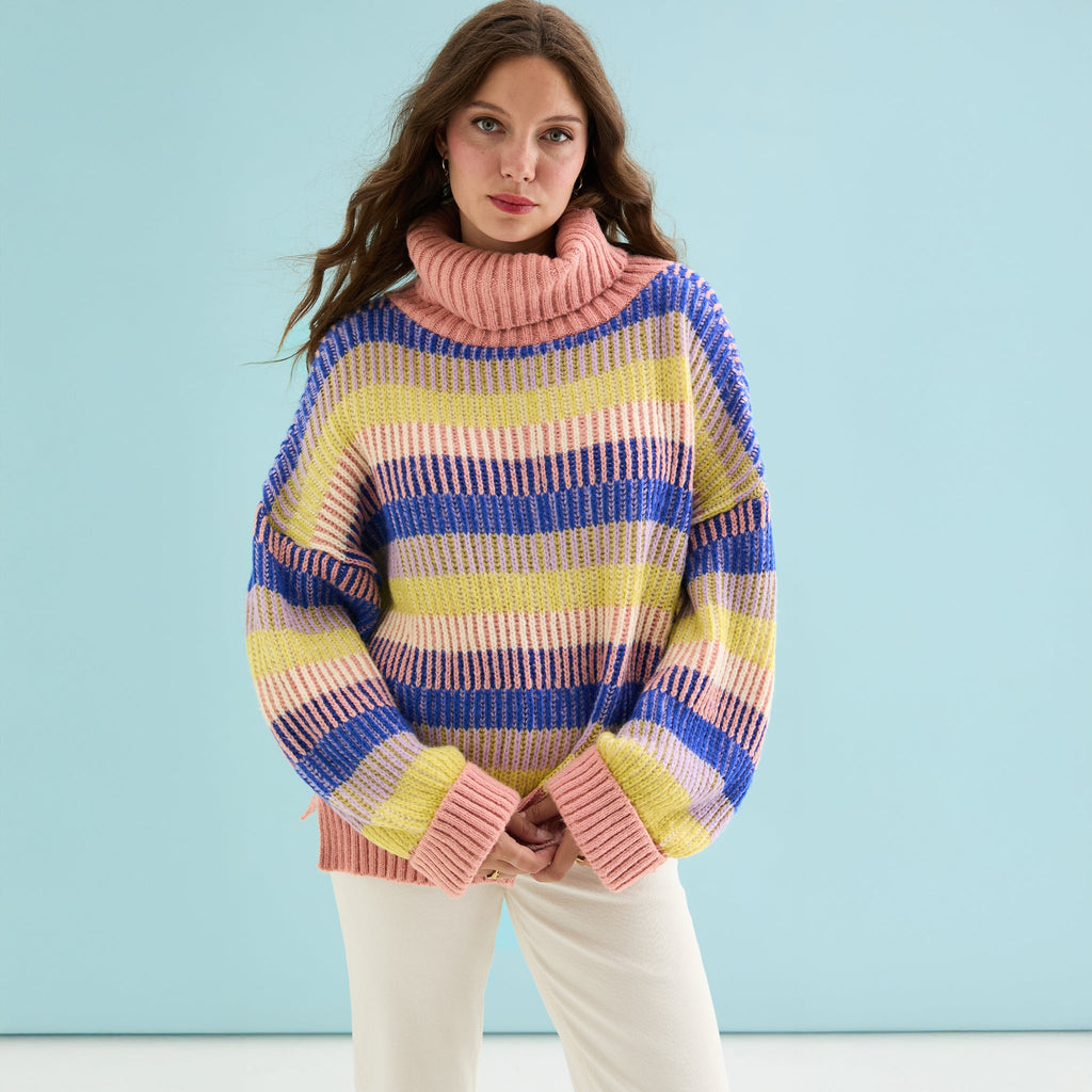 Tasha Oversized Balloon Sleeve Stripe Roll Neck Jumper - Pink - Cara & The Sky