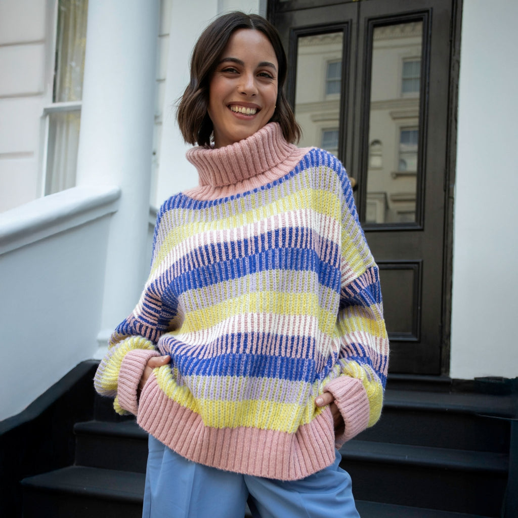 Tasha Oversized Balloon Sleeve Stripe Roll Neck Jumper - Pink - Cara & The Sky
