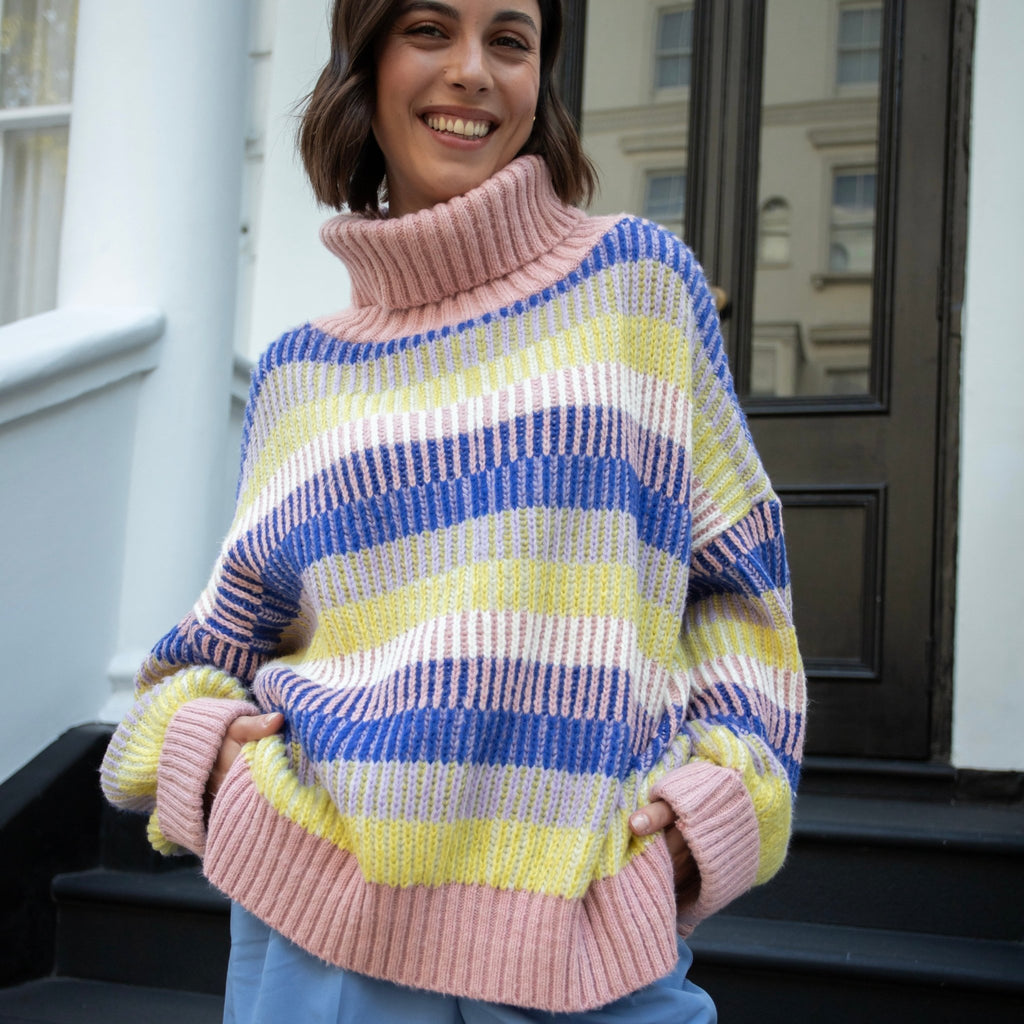 Tasha Oversized Balloon Sleeve Stripe Roll Neck Jumper - Pink - Cara & The Sky