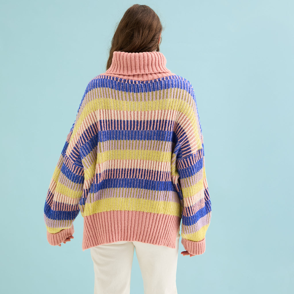 Tasha Oversized Balloon Sleeve Stripe Roll Neck Jumper - Pink - Cara & The Sky