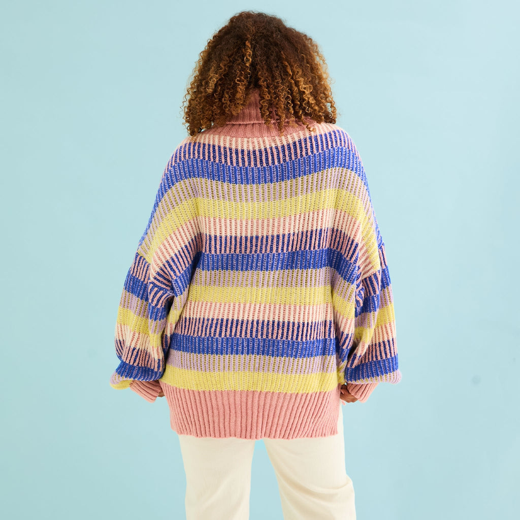 Tasha Oversized Balloon Sleeve Stripe Roll Neck Jumper - Pink - Cara & The Sky