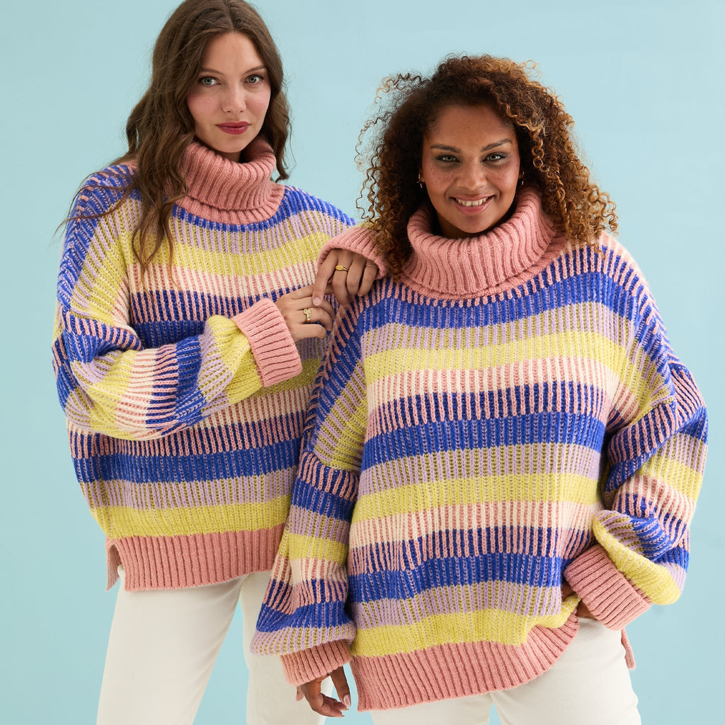 Tasha Oversized Balloon Sleeve Stripe Roll Neck Jumper - Pink - Cara & The Sky