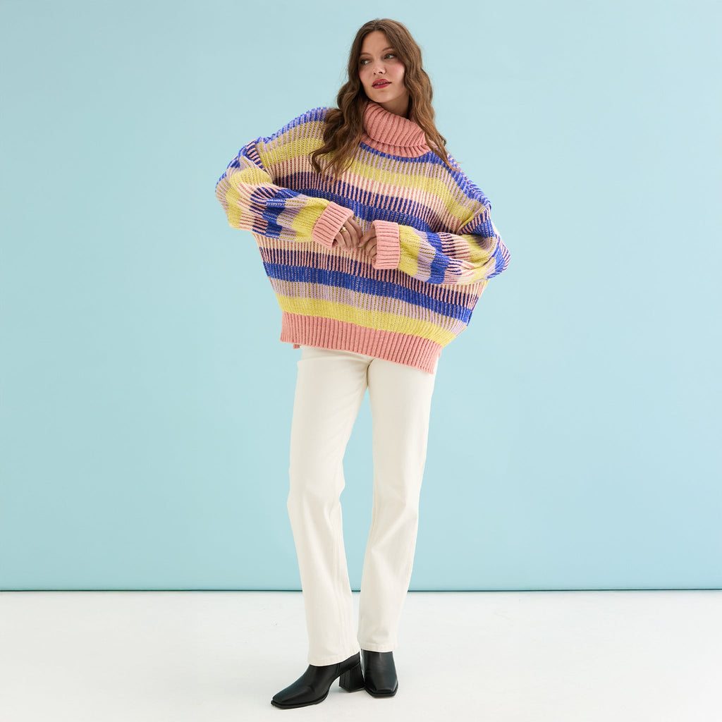 Tasha Oversized Balloon Sleeve Stripe Roll Neck Jumper - Pink - Cara & The Sky