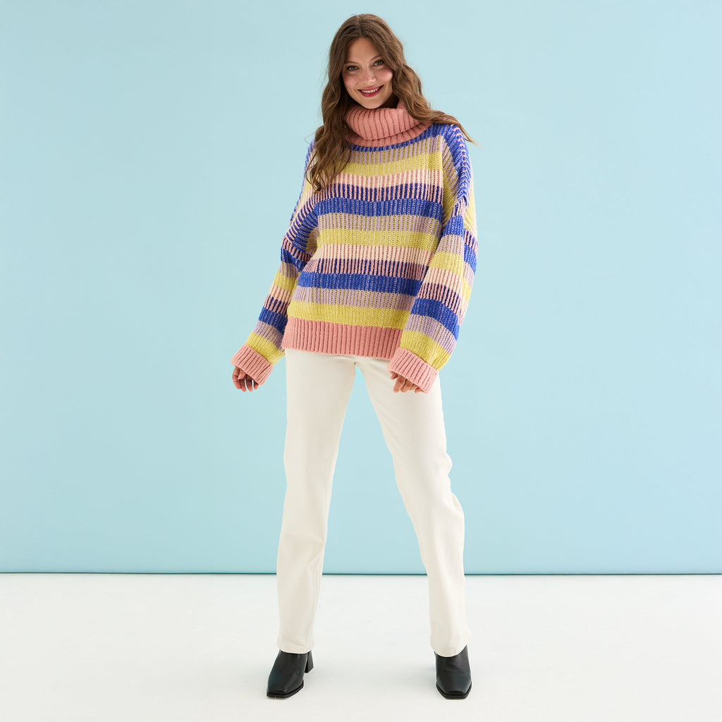 Tasha Oversized Balloon Sleeve Stripe Roll Neck Jumper - Pink - Cara & The Sky