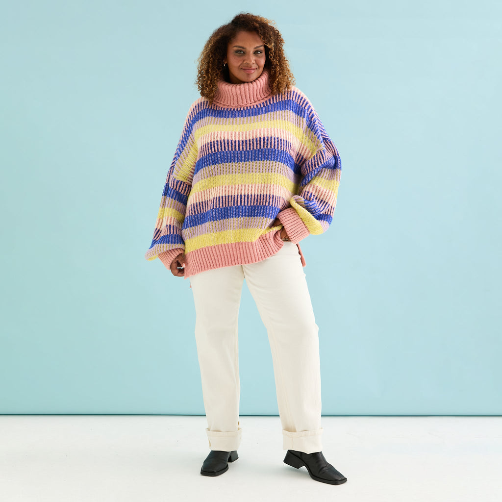 Tasha Oversized Balloon Sleeve Stripe Roll Neck Jumper - Pink - Cara & The Sky