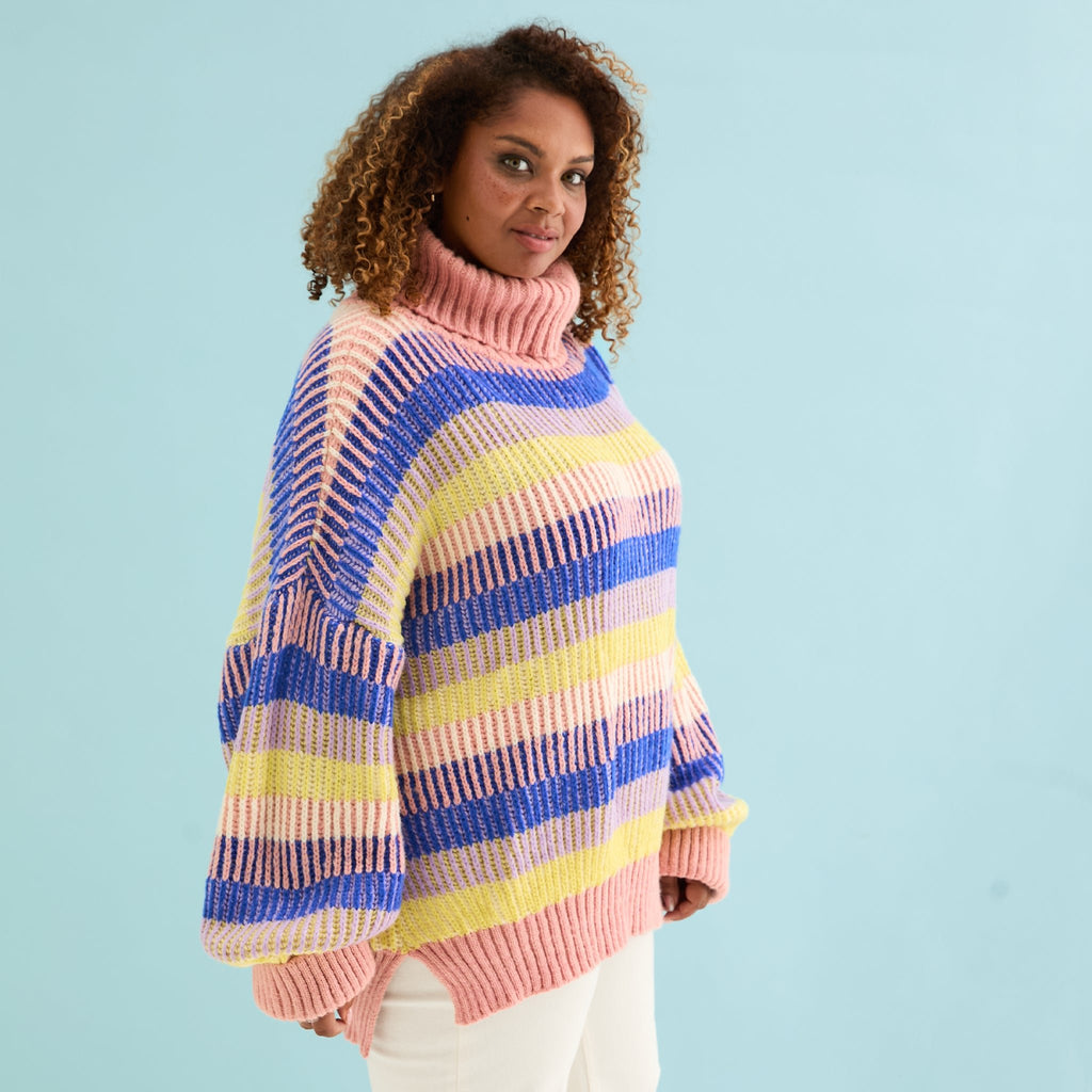 Tasha Oversized Balloon Sleeve Stripe Roll Neck Jumper - Pink - Cara & The Sky