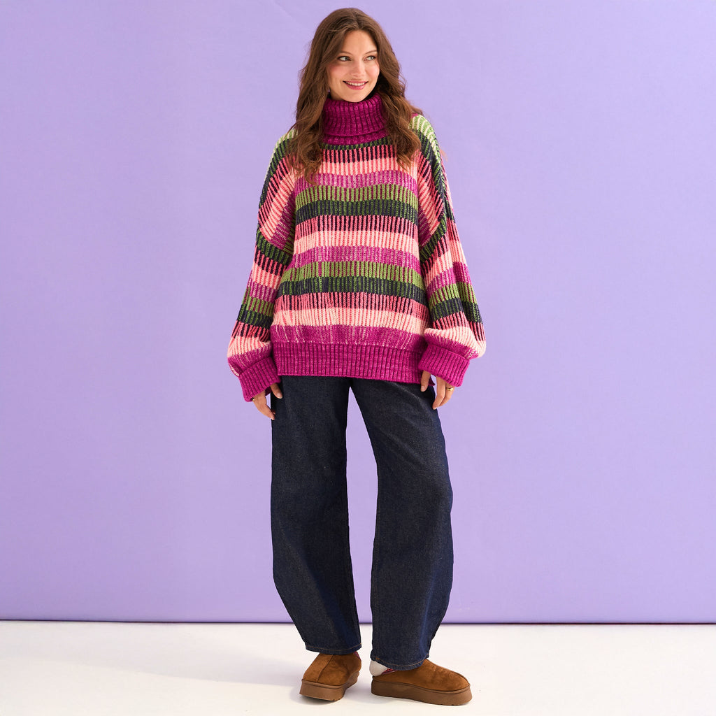 Tasha Oversized Balloon Sleeve Stripe Roll Neck Jumper - Purple - Cara & The Sky